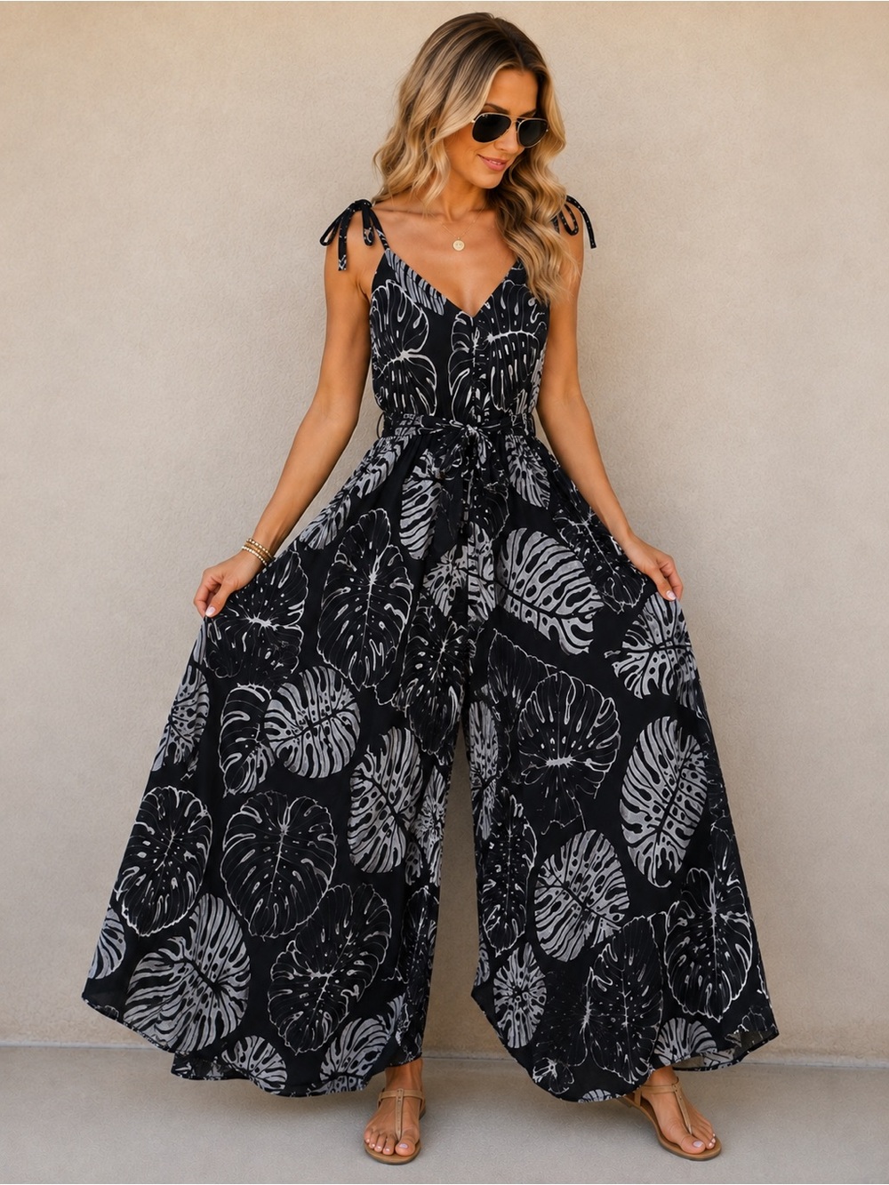 Boutique Vintage Black Jumpsuit with Gray Leaf Print